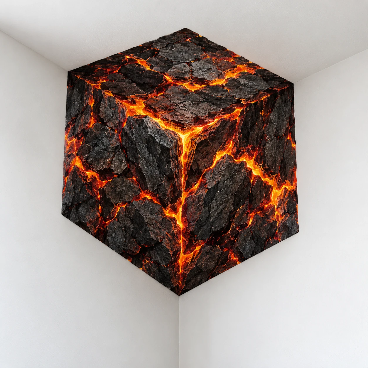 Supplied concept mockup of lava-textured corner art on two walls and a ceiling